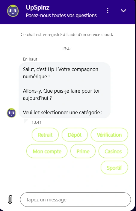 upspinz casino d'assistance clientèle
